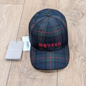$550 Mens Alexander McQueen Logo Check Wool-Blend Baseball Cap Hat Navy Medium